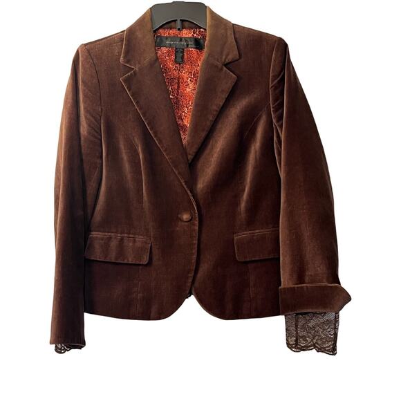 Apostrophe Jackets & Blazers - Apostrophe Blazer Womens 12P Brown Velvet Lace Trim Front Button Front Collar
